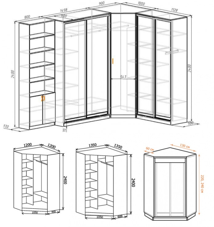 Exemplos de layouts de armários de canto guarda-roupas com dimensões