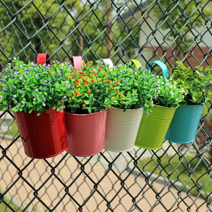 baldes de flores em uma cerca de arame