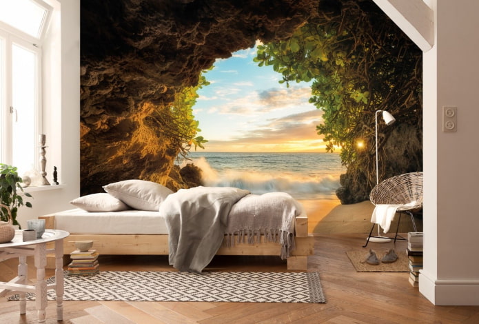 Papel de parede fotográfico com uma paisagem marinha no quarto