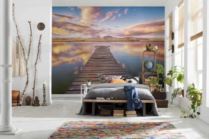 Papel de parede estereoscópico com vista para o píer no quarto