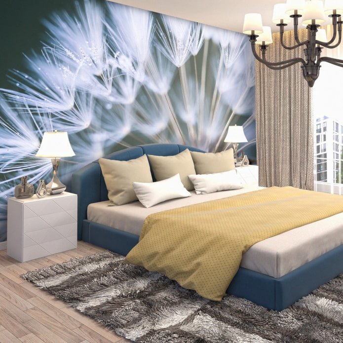 Papel de parede 3D com um dente-de-leão acima da cama
