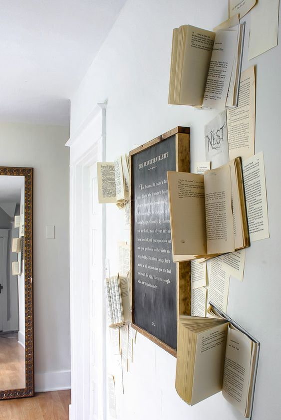 Quadro-negro cercado por livros