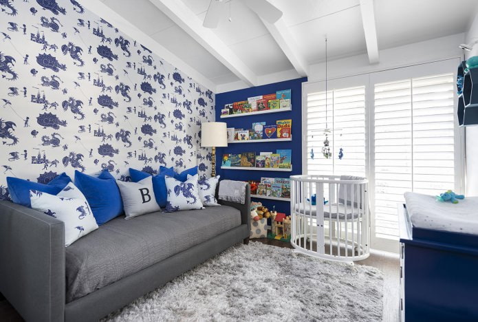 papel de parede branco e azul para quarto de menino
