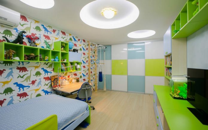 papel de parede com dinossauros em um quarto infantil para um menino de 3 a 6 anos
