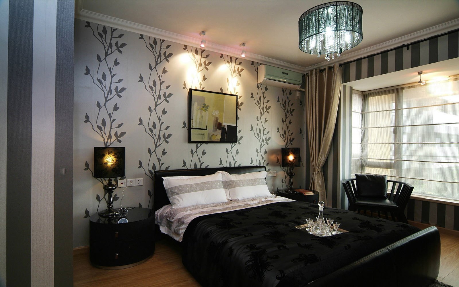 decoração de quarto com papel de parede cinza