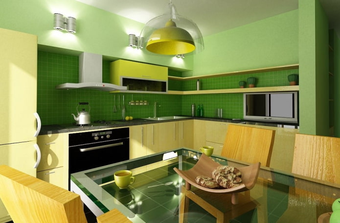 interior da cozinha em tons de amarelo esverdeado