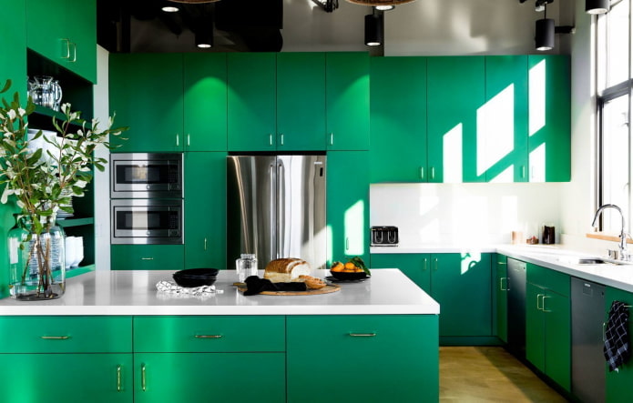 móveis no interior da cozinha em tons de verde