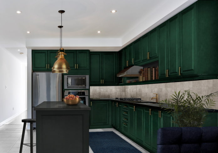 design de cozinha em tons de verde escuro