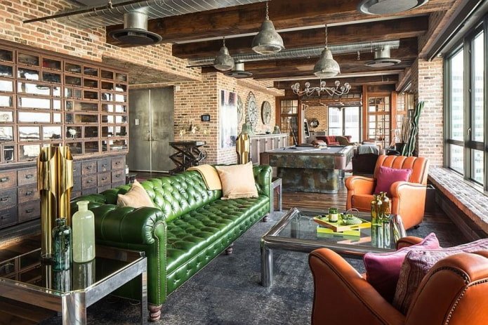 sofá verde em estilo loft