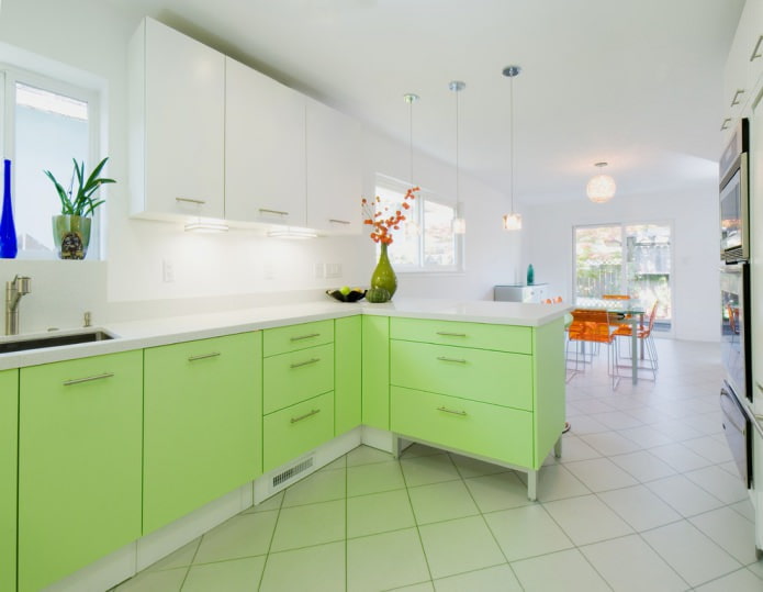 conjunto de cozinha de canto verde e branco