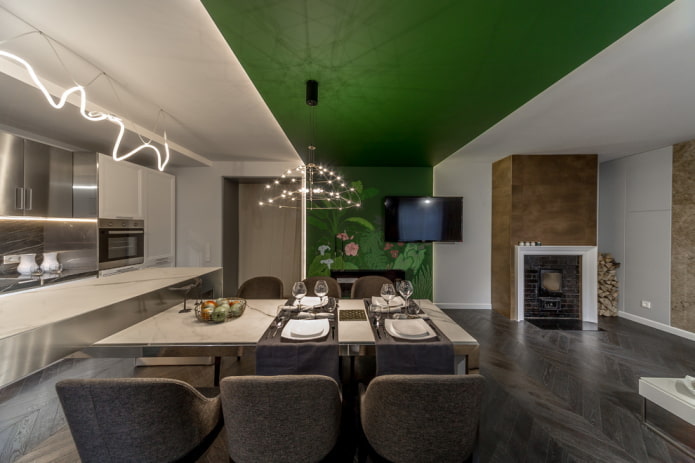 estrutura de teto branca e verde na cozinha