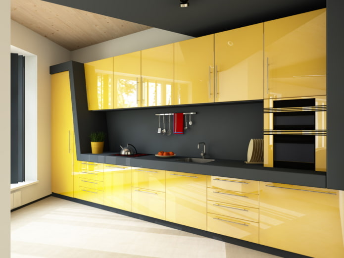 interior da cozinha em tons de preto e amarelo