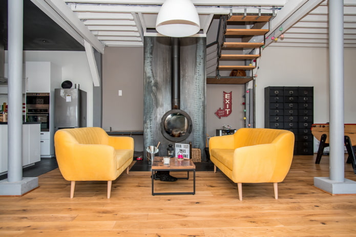 sofás amarelos em estilo loft