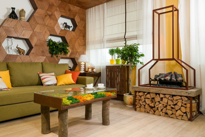 sala de estar em estilo ecológico com detalhes em amarelo e laranja