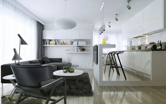 zoneamento com estruturas de vários níveis no interior da cozinha-sala de estar