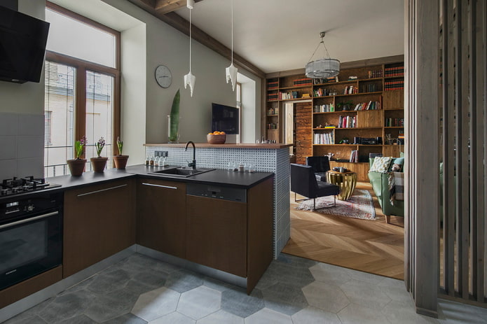 zoneamento com materiais de acabamento no interior da cozinha-sala de estar