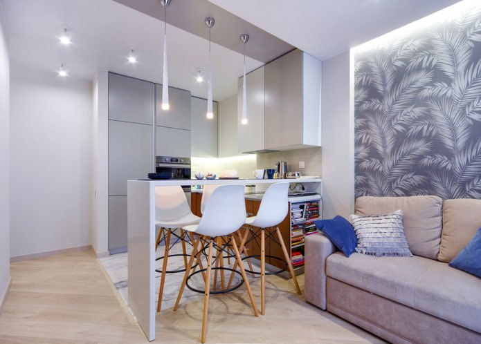 zoneamento com materiais de acabamento no interior da cozinha-sala de estar
