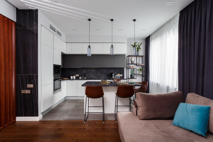 zoneamento com uma ilha no interior da cozinha-sala de estar