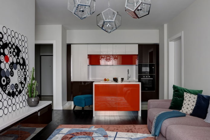 zoneamento com uma ilha no interior da cozinha-sala de estar