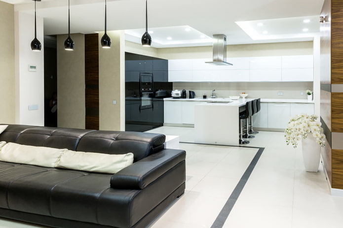 zoneamento com iluminação no interior da cozinha-sala de estar